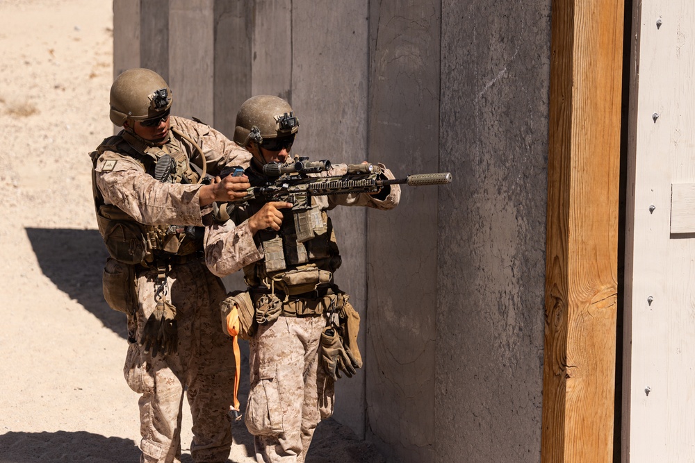Two military personnel in desert camouflage uniforms are conducting what appears to be a close-quarters battle (CQB) training exercise near a simulated building entrance. One individual is aiming a rifle with an optic and suppressor toward a doorway, while the second provides guidance or support from behind. The setting is an arid, outdoor training environment with a constructed concrete wall and wooden door frame.