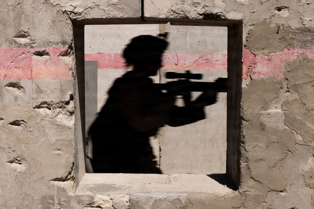 The image shows a shadow cast on a weathered concrete wall, depicting the silhouette of a person holding what appears to be a scoped rifle. The shadow is projected through or near a square window opening in the wall. A horizontal pink/red painted stripe runs across the wall surface.