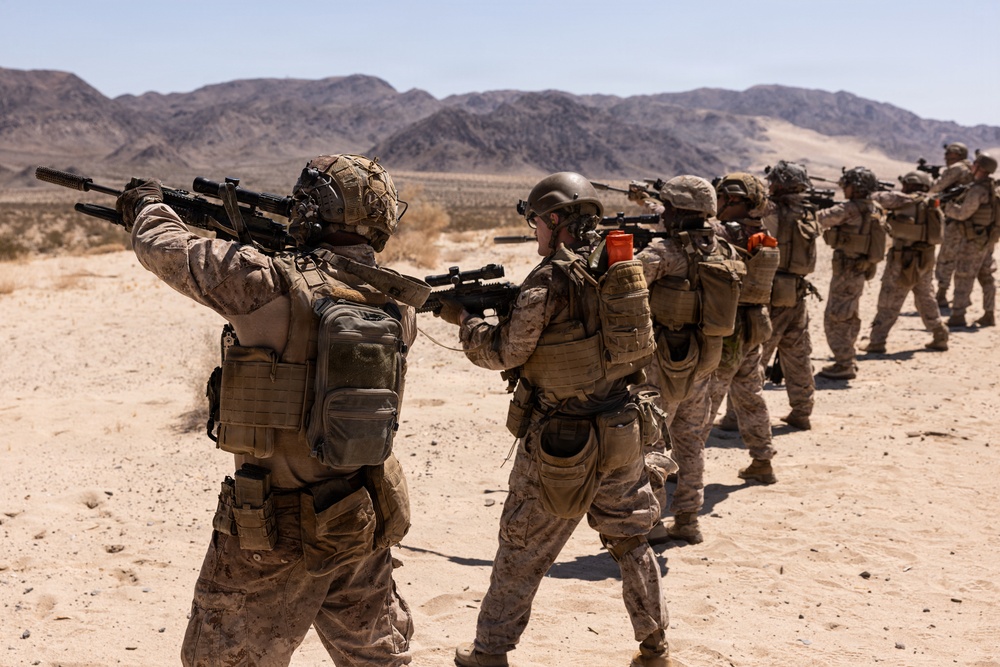 A line of military personnel in desert camouflage uniforms are conducting a live-fire or training exercise in an arid desert environment. The soldiers are positioned in a firing line, aiming rifles in the same direction. The setting appears to be a designated military training range based on the organized formation and safety equipment visible.