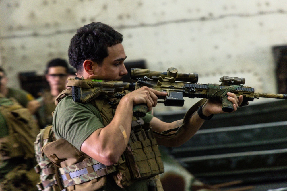A military or law enforcement personnel is aiming a rifle equipped with an optical scope and tactical accessories. The individual is wearing a tactical vest over a green t-shirt in what appears to be an indoor training or briefing environment. Other personnel are visible in the blurred background.