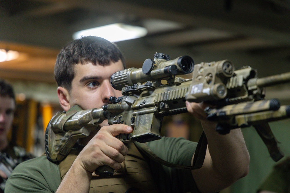 A young male in military/tactical gear is holding up a heavily accessorized assault rifle in what appears to be an indoor setting. The rifle is fitted with multiple optics, a laser aiming device, and other tactical attachments in a tan/camouflage finish. The subject is wearing a green t-shirt and a tactical vest.