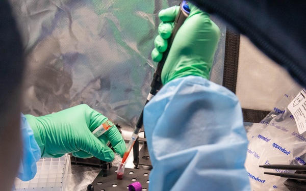 U.S. Army Maj. Timothy Egbo fills vials with mosquito DNA