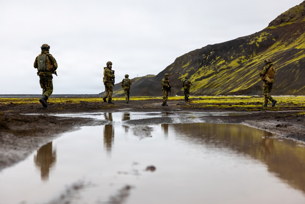 A group of approximately six armed soldiers in camouflage uniforms patrol across a dark volcanic terrain with vivid green moss-covered hillsides in the background. The landscape is characteristic of Iceland or a similar North Atlantic volcanic environment, featuring black soil, standing water puddles, and dramatic hillside contrasts. The soldiers' reflections are visible in a large foreground puddle, adding a compositional element to the image.