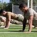 Military personnel in camouflage uniforms are performing push-ups on an outdoor artificial turf field. At least three soldiers are visible in the foreground executing the exercise in unison, with additional uniformed individuals visible in the background. The setting appears to be a physical fitness test or training exercise conducted during daylight hours.