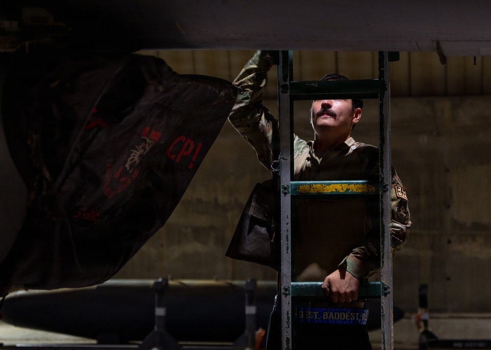 A military personnel member in camouflage uniform is standing on a green metal ladder, lifting or removing a dark cover or tarp from what appears to be military equipment or an aircraft. The image is dramatically lit with strong contrast between light and shadow, giving it a cinematic quality. Text markings including 'CP!' in red are visible on the dark cover being handled.