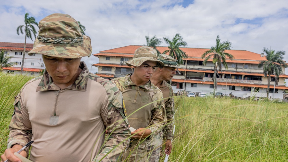 Three military personnel in camouflage uniforms and boonie hats are walking through tall grass in a line formation, appearing to conduct a search or survey operation. They are holding writing instruments and papers, suggesting documentation or data collection activity. The setting appears to be a tropical location with palm trees and a multi-story building with an orange roof visible in the background.