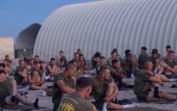 U.S. Marines with 2nd Bn., 1st Marines, conduct mobility training with Sports Medicine injury prevention Athletic trainer Makenna Hancock
