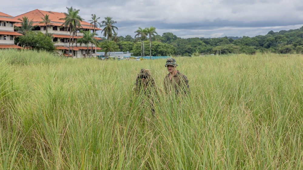 Two individuals in military camouflage are standing in a field of tall green grass, partially concealed by the vegetation. One person is wearing a ghillie suit covered in natural vegetation material, while the other wears standard camouflage uniform with a boonie hat. In the background, a multi-story building with terracotta roof tiles and tropical palm trees are visible under an overcast sky.
