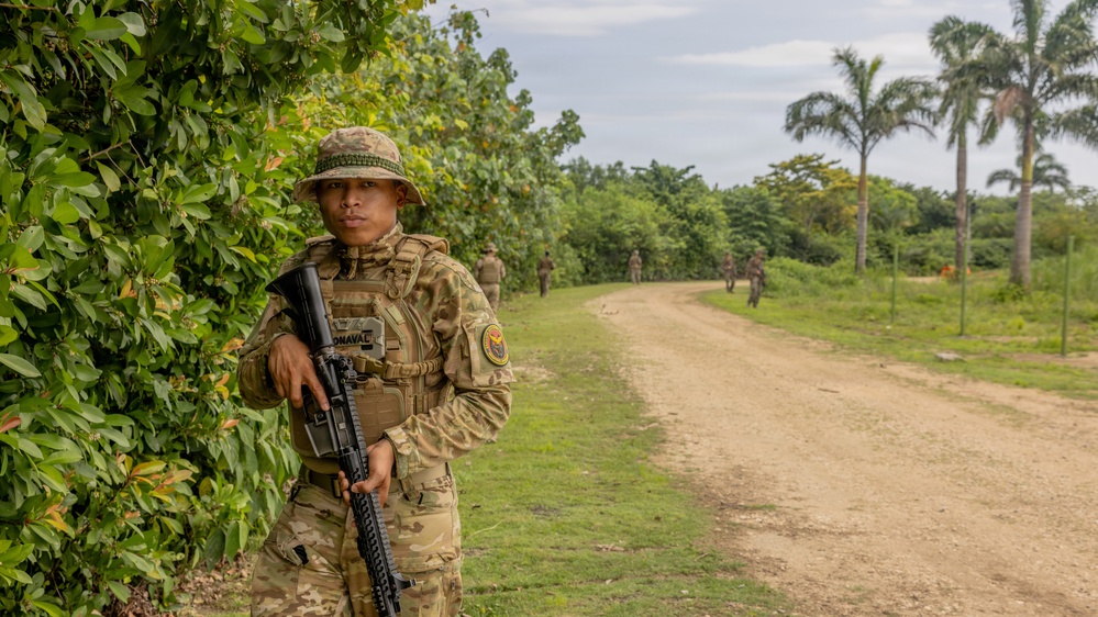A uniformed soldier wearing multicam camouflage and a boonie hat stands at the edge of a dirt road in a tropical environment, holding an assault rifle. A name tape reading 'NAVAL' is visible on the chest, along with a unit patch on the sleeve. Additional soldiers are visible in the background along the road.