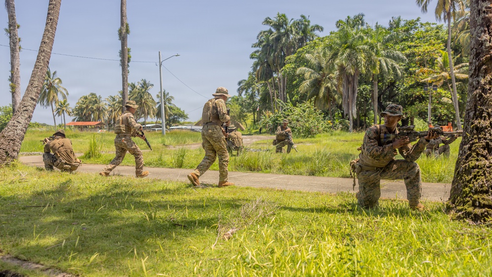 The image shows a group of military personnel conducting what appears to be a tactical training exercise in a tropical environment. Soldiers in camouflage uniforms are moving in formation across a grassy area surrounded by palm trees, with at least one soldier in a kneeling firing position providing cover. The setting suggests a warm, humid climate consistent with a Caribbean or Central American location.