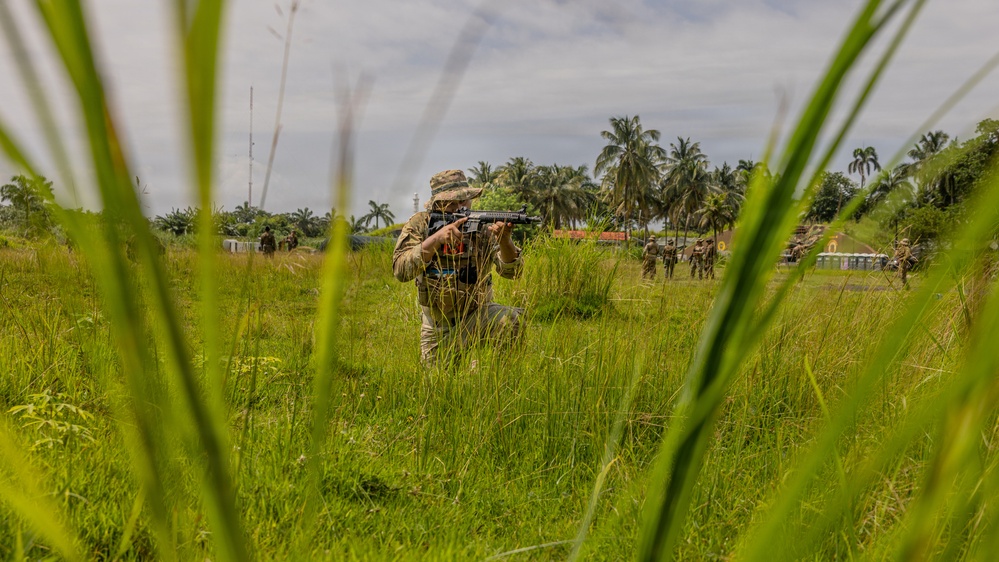 A soldier in camouflage uniform is kneeling in tall grass, aiming a rifle in a tropical environment. Several other military personnel are visible in the background across an open field. The setting appears to be a training exercise or tactical operation in a tropical region, evidenced by palm trees and lush vegetation.