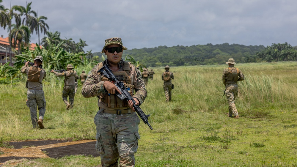 A group of military personnel in camouflage uniforms are conducting a patrol or field exercise across an open grassy area in what appears to be a tropical environment. The foreground soldier is prominently carrying an assault rifle and wearing tactical gear including a plate carrier vest and boonie hat. The setting features lush vegetation, palm trees, and overcast skies consistent with a tropical or subtropical location.