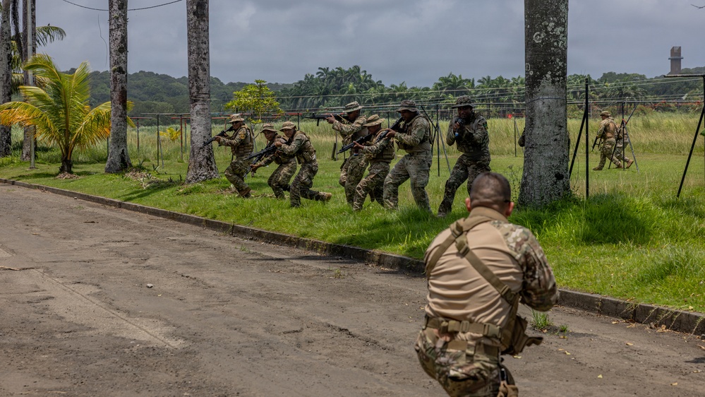 A group of military personnel in camouflage uniforms are conducting a tactical training exercise in a tropical outdoor environment. Several soldiers are moving in a crouched formation while carrying rifles, with one instructor or observer positioned in the foreground on a paved road. The setting appears to be a military training facility surrounded by palm trees and open grassland under overcast skies.