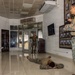 Military personnel, appearing to be U.S. Marines in digital camouflage uniforms, are engaged in what appears to be a training or demonstration exercise inside a formal building. One individual is lying prone on the floor as part of the demonstration, while an instructor stands near the entrance gesturing, and others observe. The setting appears to be a military headquarters or administrative building, evidenced by framed portraits and plaques on the wall.