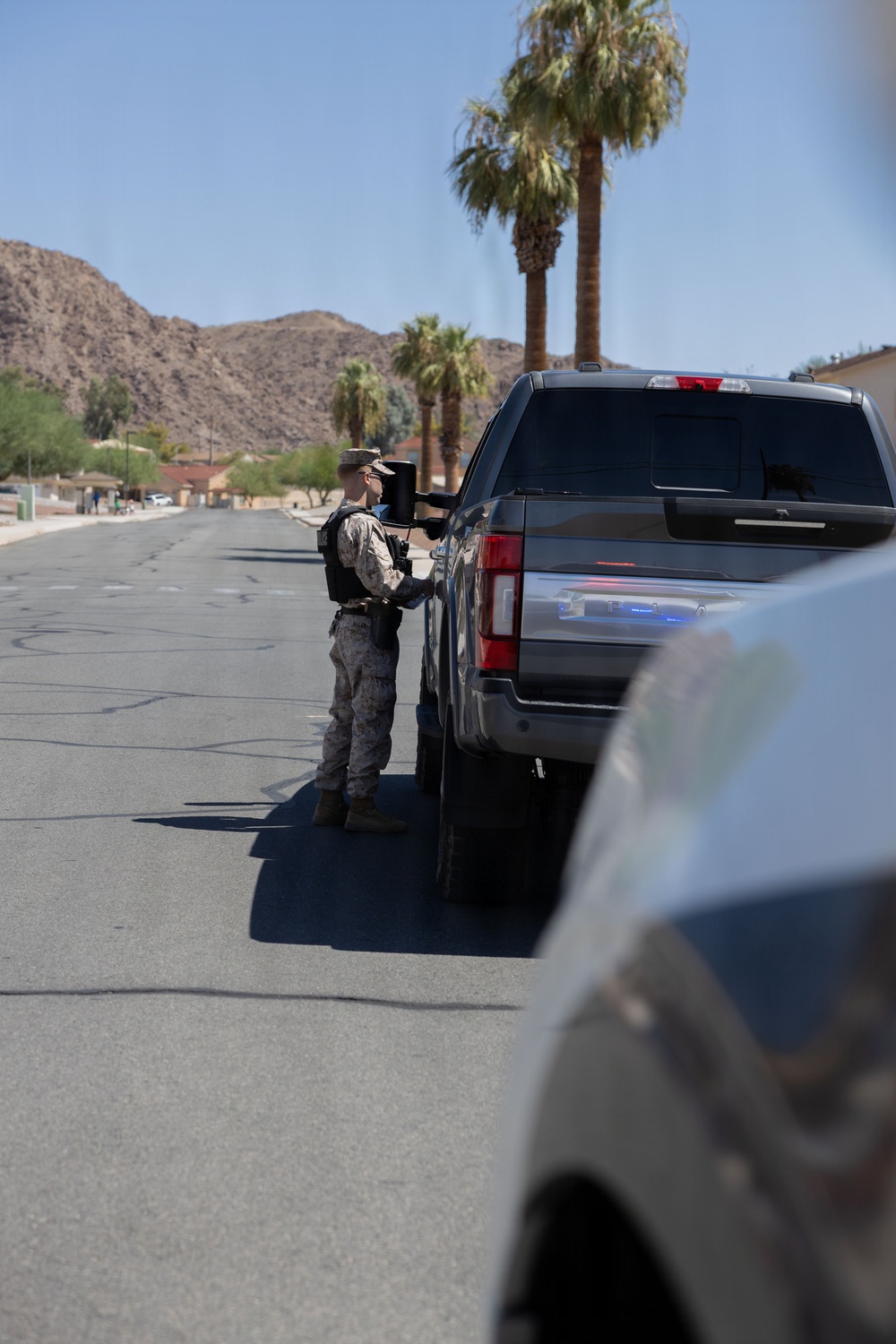A military personnel member in camouflage uniform is standing beside a gray pickup truck on a residential street in what appears to be a desert Southwest location. The soldier is carrying equipment on their back and appears to be interacting with the vehicle's driver-side window. The setting features palm trees, rocky desert hills, and clear blue skies consistent with Arizona or Southern California.