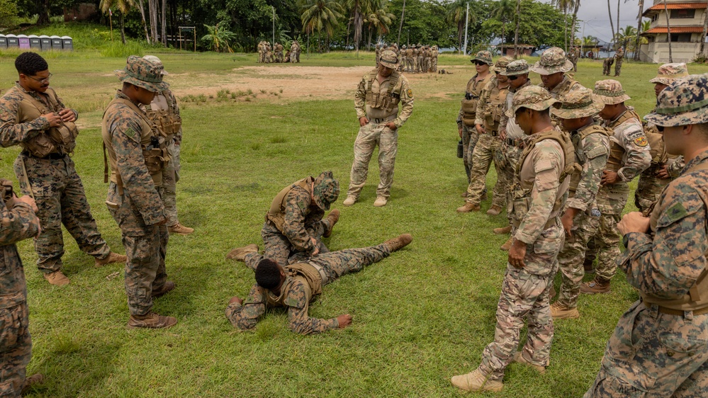 Military personnel from what appear to be two different forces — U.S. Marines in MARPAT camouflage and soldiers in a tan/multicam pattern — are conducting a joint ground fighting or combatives training exercise on a grass field. Two participants are on the ground demonstrating a grappling or restraint technique while others form a circle observing. The tropical environment, palm trees, and building architecture suggest a location in Central America or the Caribbean.
