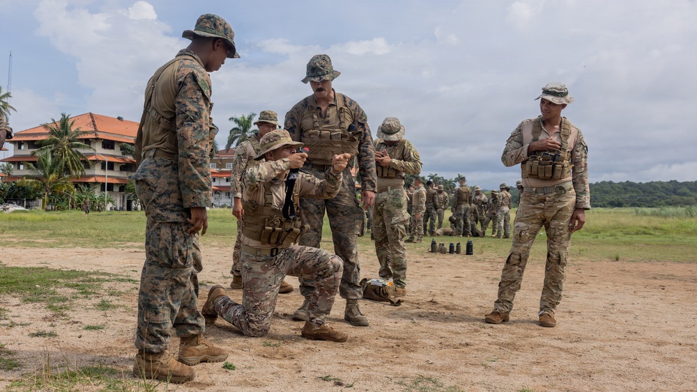 Military personnel in mixed camouflage uniforms are engaged in what appears to be a training exercise on an open field. One soldier is kneeling in a firing or instructional position while others observe, suggesting a demonstration or skills assessment. The tropical environment with palm trees and a red-roofed building in the background indicates a location in a warm, possibly Central or South American region.