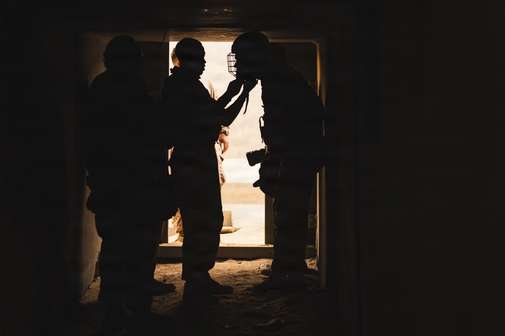 The image shows silhouetted figures standing in a doorway or entrance, backlit by bright exterior light. The figures appear to be wearing tactical or military-style gear including helmets. The strong contrast between the dark interior and bright exterior creates a dramatic silhouette effect.