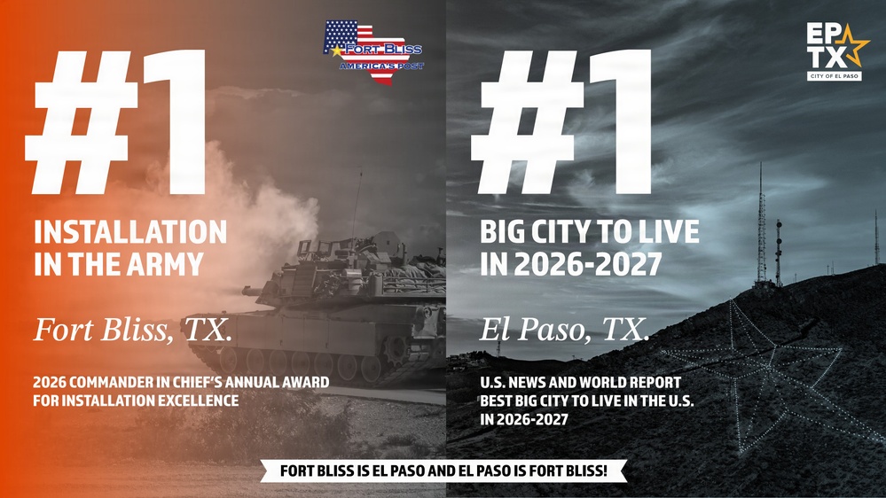 This is a promotional graphic split into two panels celebrating dual #1 rankings for Fort Bliss and El Paso, Texas. The left panel highlights Fort Bliss as the #1 Army Installation via the 2026 Commander in Chief's Annual Award for Installation Excellence, while the right panel recognizes El Paso as the #1 Big City to Live in 2026-2027 per U.S. News and World Report. The banner at the bottom unifies both with the slogan 'Fort Bliss is El Paso and El Paso is Fort Bliss!'
