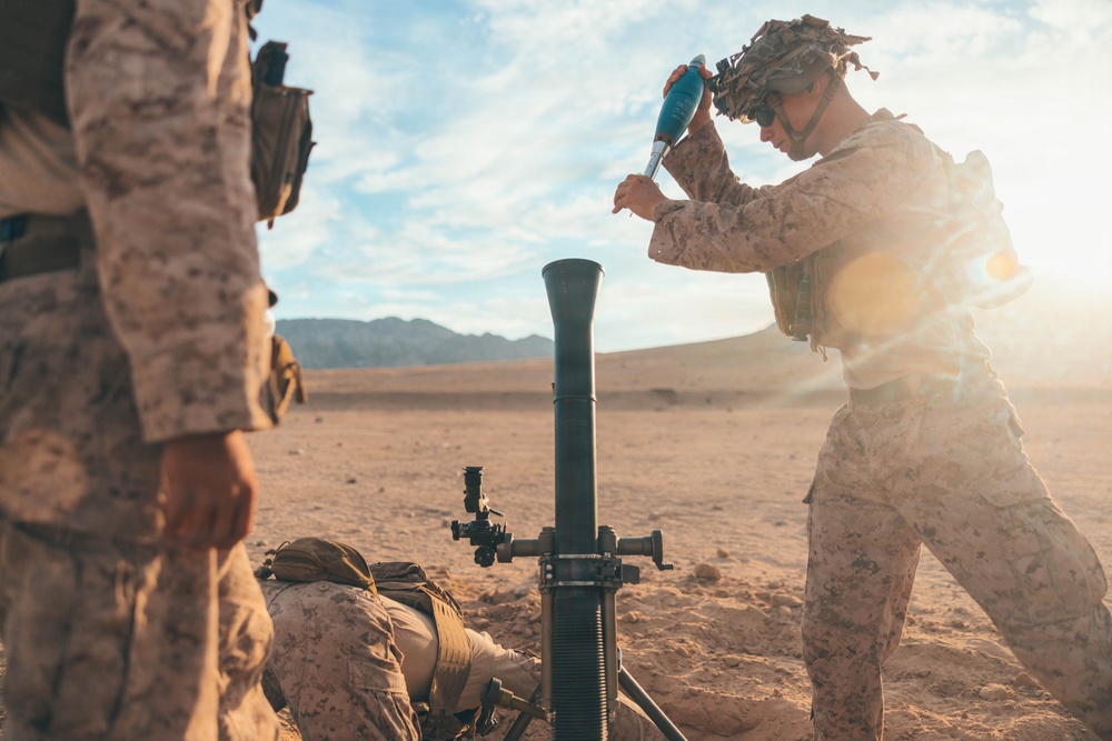Military personnel in desert camouflage uniforms are operating a mortar system in an arid, desert environment. One soldier is in the process of dropping a blue-tipped training round into the mortar tube while another soldier is positioned at the base of the weapon system. The setting appears to be a training exercise based on the blue-colored inert round.