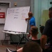 A fitness instructor in a blue shirt is presenting at a large whiteboard to a group of attendees in what appears to be a gym or training facility. The whiteboard contains notes about fitness concepts including definitions, focus areas, and key principles. The setting suggests a CrossFit or physical training seminar or certification course.