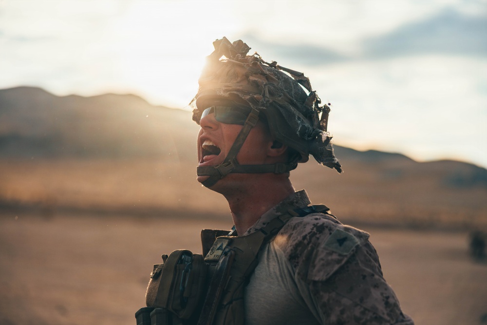 A military service member is photographed in a desert environment, appearing to shout or call out commands. The individual is wearing full tactical gear including a camouflage helmet with netting/ghillie material, tactical eyewear, and MARPAT (Marine pattern) camouflage uniform. The image is dramatically backlit by a setting or rising sun, creating a striking silhouette effect against an arid, mountainous landscape.