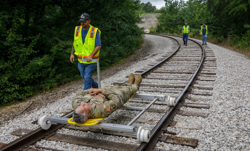 A training or demonstration exercise is taking place on an active railroad track, where a person in military camouflage uniform is lying on a wheeled rail stretcher/litter device. A worker in a high-visibility safety vest is pushing the rail-mounted stretcher along the tracks. Two additional workers in safety vests are visible walking along the tracks in the background.