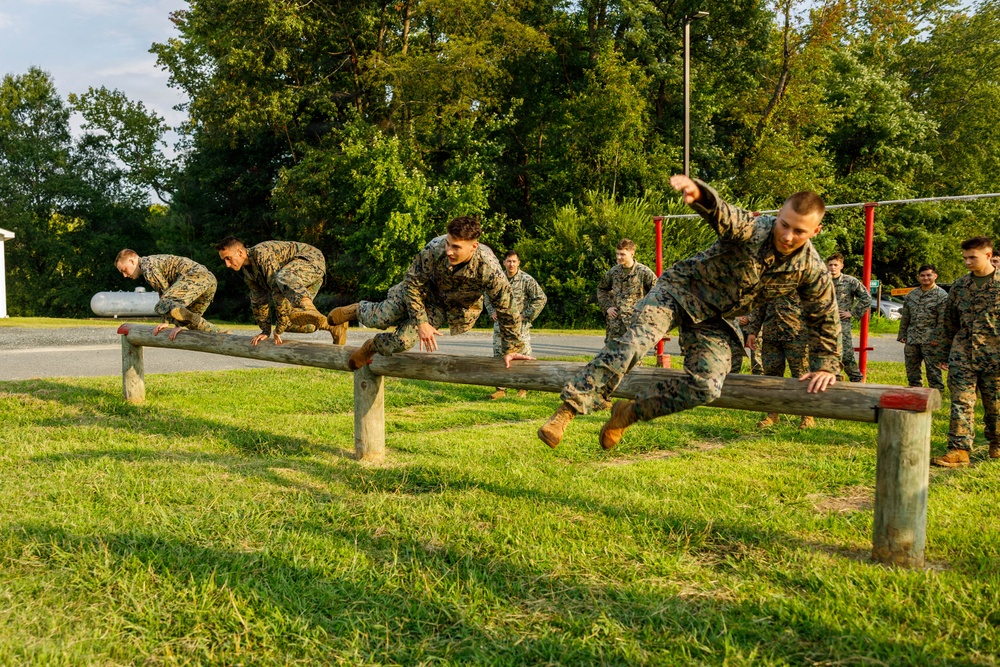 A group of military personnel in camouflage uniforms are navigating a wooden log obstacle course on a grassy field. Multiple individuals are visible vaulting over or traversing a horizontal log barrier supported by wooden posts. Additional personnel stand in the background observing the exercise.