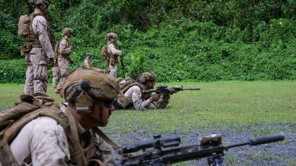 Military personnel in camouflage uniforms are conducting a live-fire or marksmanship training exercise in a tropical outdoor setting. Several soldiers are in prone firing positions with rifles aimed downrange, while others stand observing or supervising. The lush green vegetation in the background suggests a tropical or subtropical training environment.