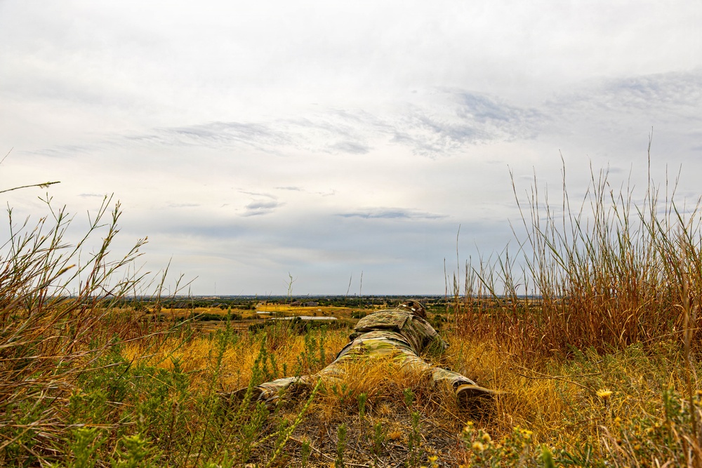 A soldier in camouflage uniform is lying prone in dry grassland vegetation, appearing to be in an observation or sniper position. The figure is facing away from the camera toward a wide open flat landscape in the distance. The setting appears to be an arid or semi-arid rural area under an overcast sky.
