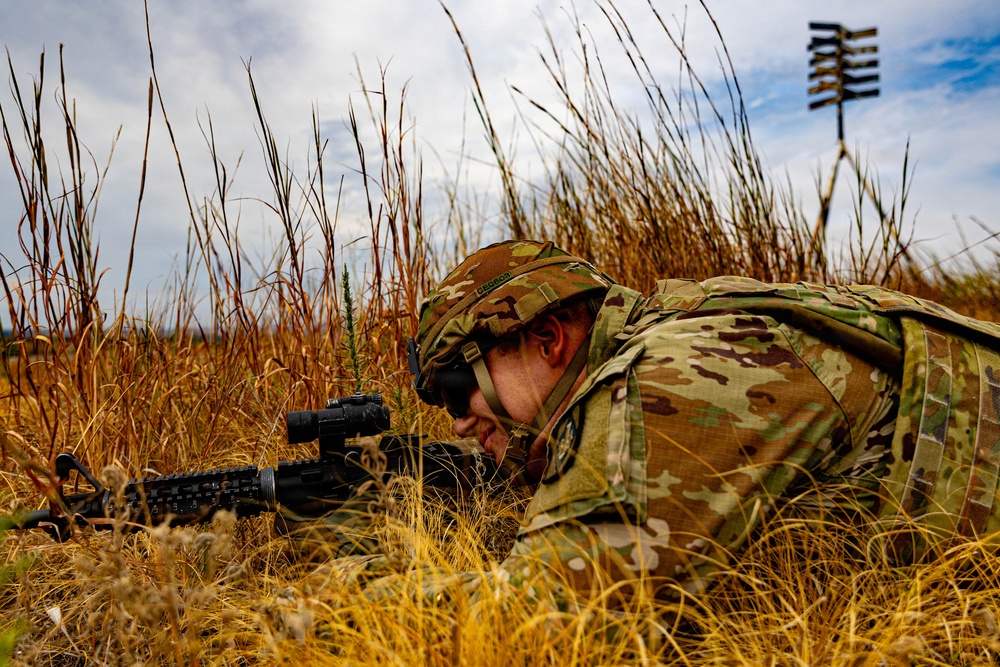 A soldier in full camouflage uniform is lying prone in a field of dry golden grass, aiming a rifle equipped with an optical scope. The soldier appears to be in a training or tactical exercise environment, with a target marker structure visible in the background. The image is taken from a low ground-level perspective, emphasizing the soldier's concealed firing position.