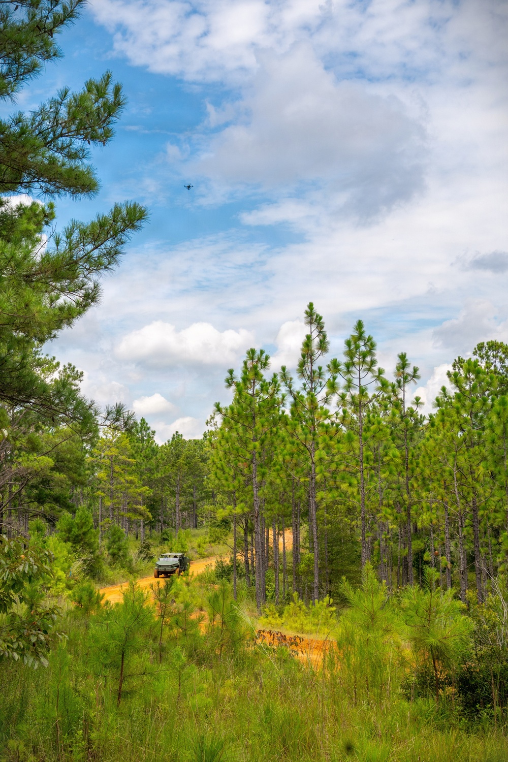 A rural dirt road with orange-red clay soil winds through a pine forest under a partly cloudy blue sky. A military-style or off-road vehicle is visible on the road in the middle distance, and a small drone or aircraft is visible in the upper sky. The scene suggests an outdoor operational or recreational activity in a southeastern U.S. pine woodland environment.