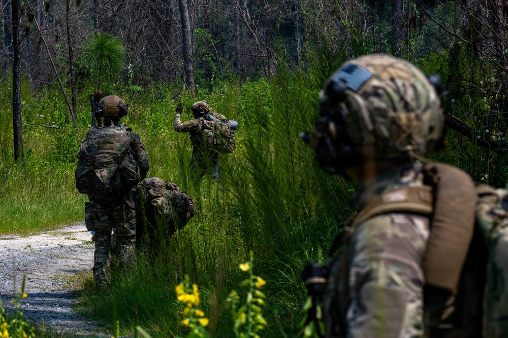 Three military personnel in full combat gear are conducting what appears to be a patrol or field training exercise along a dirt trail at the edge of a wooded area. The lead soldier is giving a hand signal, likely indicating a halt or directing movement, while the others maintain tactical spacing. The setting appears to be a subtropical or southeastern U.S. environment based on the vegetation.