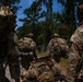 A group of military personnel in full combat gear are conducting what appears to be a tactical training exercise in a wooded outdoor environment. One soldier is lying on the ground, possibly simulating a casualty, while others stand or kneel around them in a security posture. The scene takes place along a gravel path bordered by a chain-link fence and dense tree line.