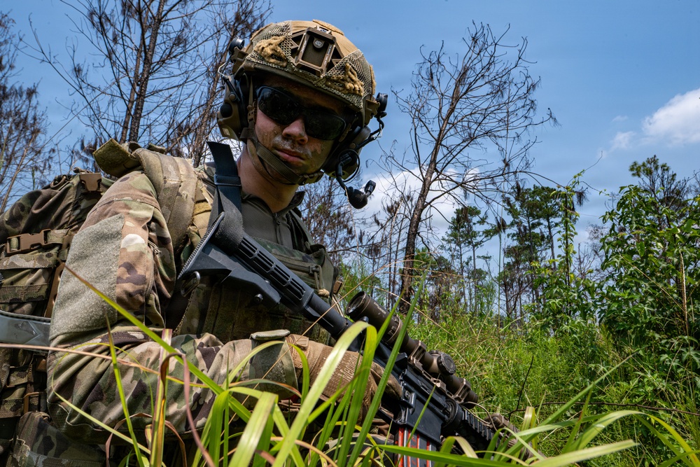 A fully equipped military soldier is photographed in a low-angle field position surrounded by tall grass and sparse woodland. The soldier is wearing multicam camouflage, a tactical helmet with accessories, and is carrying an assault rifle with an optic. The setting appears to be a training exercise or operational patrol in a semi-tropical or temperate forested environment.