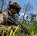 A fully equipped military soldier is photographed in a low-angle field position surrounded by tall grass and sparse woodland. The soldier is wearing multicam camouflage, a tactical helmet with accessories, and is carrying an assault rifle with an optic. The setting appears to be a training exercise or operational patrol in a semi-tropical or temperate forested environment.