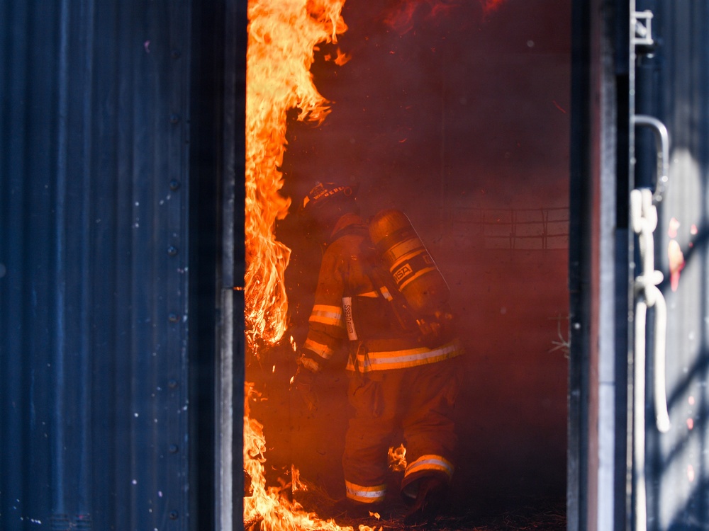 Two firefighters in full protective gear are visible inside a doorway engulfed in intense flames and smoke. The scene appears to be either an active structural fire or a controlled training exercise, with large orange flames climbing the left side of the doorframe. The firefighters are wearing full turnout gear including helmets, SCBA (self-contained breathing apparatus) units, and reflective-striped protective suits.