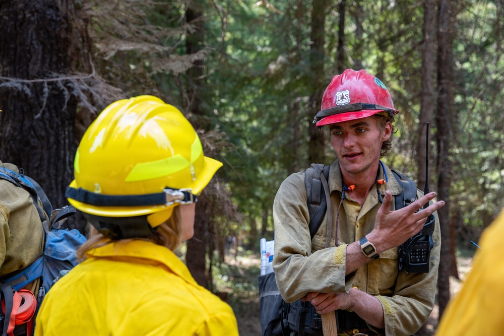 Two wildland firefighters are engaged in conversation in a forested area. The individual facing the camera wears a red hard hat with a visible US Forest Service shield emblem and carries a two-way radio and a hand tool. Both are dressed in standard wildland firefighting gear including Nomex fire-resistant clothing and hard hats.