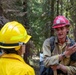 Two wildland firefighters are engaged in conversation in a forested area. The individual facing the camera wears a red hard hat with a visible US Forest Service shield emblem and carries a two-way radio and a hand tool. Both are dressed in standard wildland firefighting gear including Nomex fire-resistant clothing and hard hats.