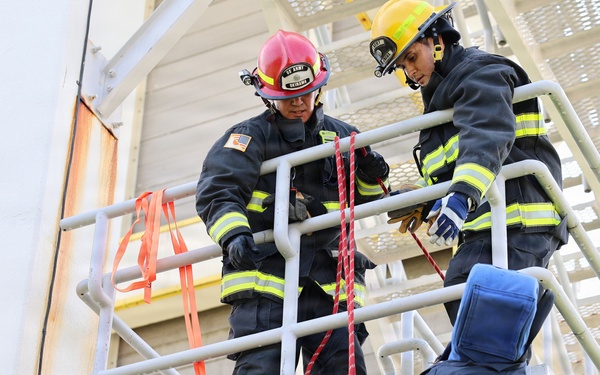Firefighters conduct rescue training at Torii Station