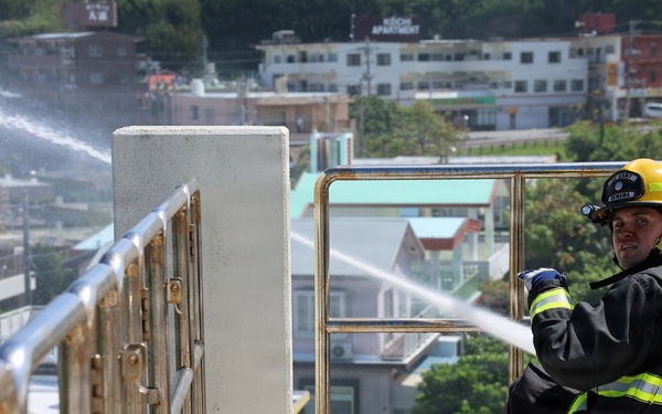 Firefighters conduct rescue training at Torii Station