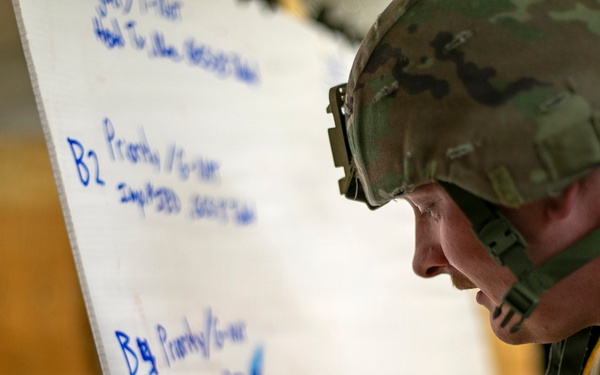 A soldier in full combat gear, including a camouflage helmet and tactical vest, is writing on a large whiteboard or flip chart with a blue marker. The whiteboard contains handwritten notes organized into sections labeled B2, B1g, and B43, appearing to reference priorities or orders. This appears to be a military planning or briefing session.