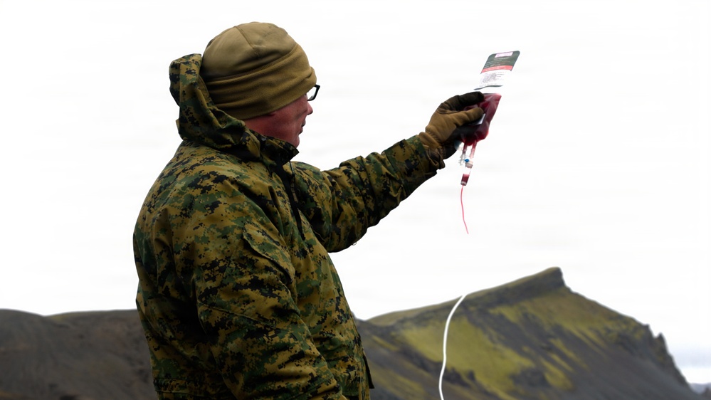 A military personnel wearing MARPAT digital camouflage uniform holds up a blood bag (IV blood product) in an outdoor, mountainous environment. The setting appears cold and overcast, consistent with a northern or arctic training environment. This appears to be a field medical training exercise or demonstration involving blood product handling.