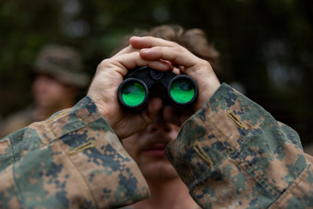 A person wearing digital camouflage military uniform is looking through black binoculars with distinctive green-coated lenses. The image is a close-up shot focused on the hands, binoculars, and lower face of the subject. At least one additional person in military attire is visible in the blurred background.
