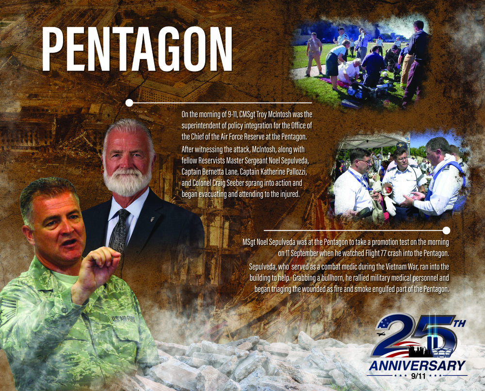 This is a commemorative graphic marking the 25th Anniversary of 9/11, focused on the Pentagon attack. It highlights the actions of CMSgt Troy McIntosh and MSgt Noel Sepulveda, who responded heroically during the attack by evacuating and treating the injured. The layout combines portrait photographs, action photos, descriptive text, and a 9/11 25th Anniversary logo.