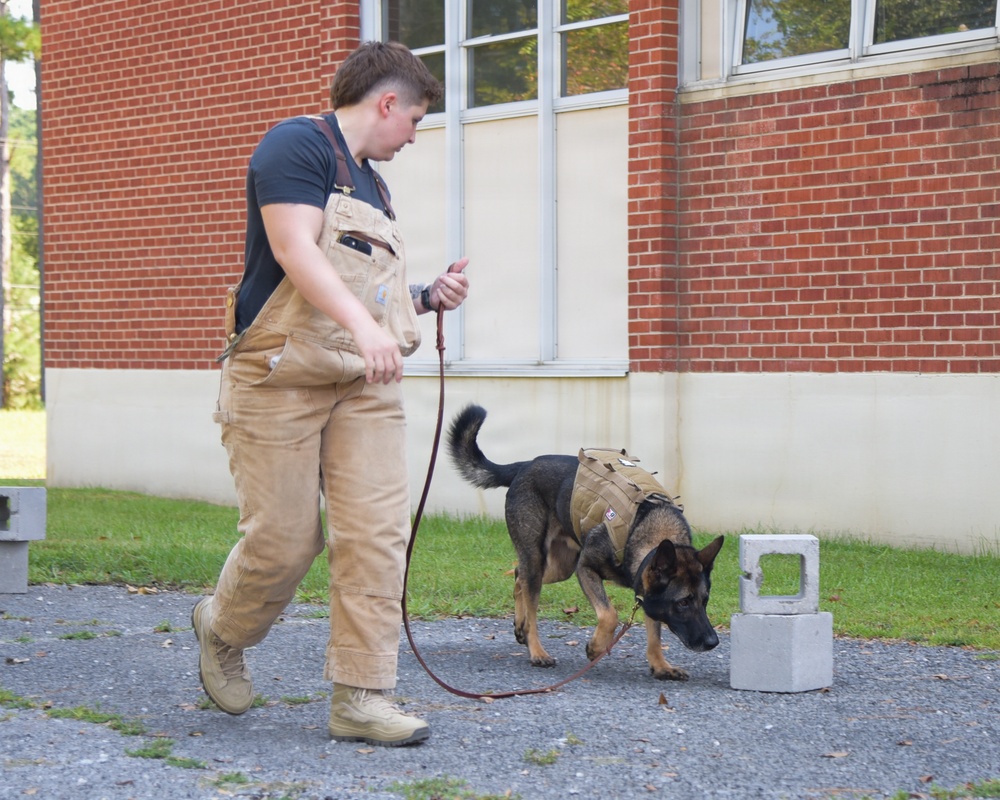 A young person wearing tan overalls and a black shirt is handling a German Shepherd dog on a red leash near a brick building. The dog is wearing a tan tactical/working vest and appears to be sniffing near concrete blocks on the ground. This appears to be a working dog training exercise, likely scent detection or K9 handler training.