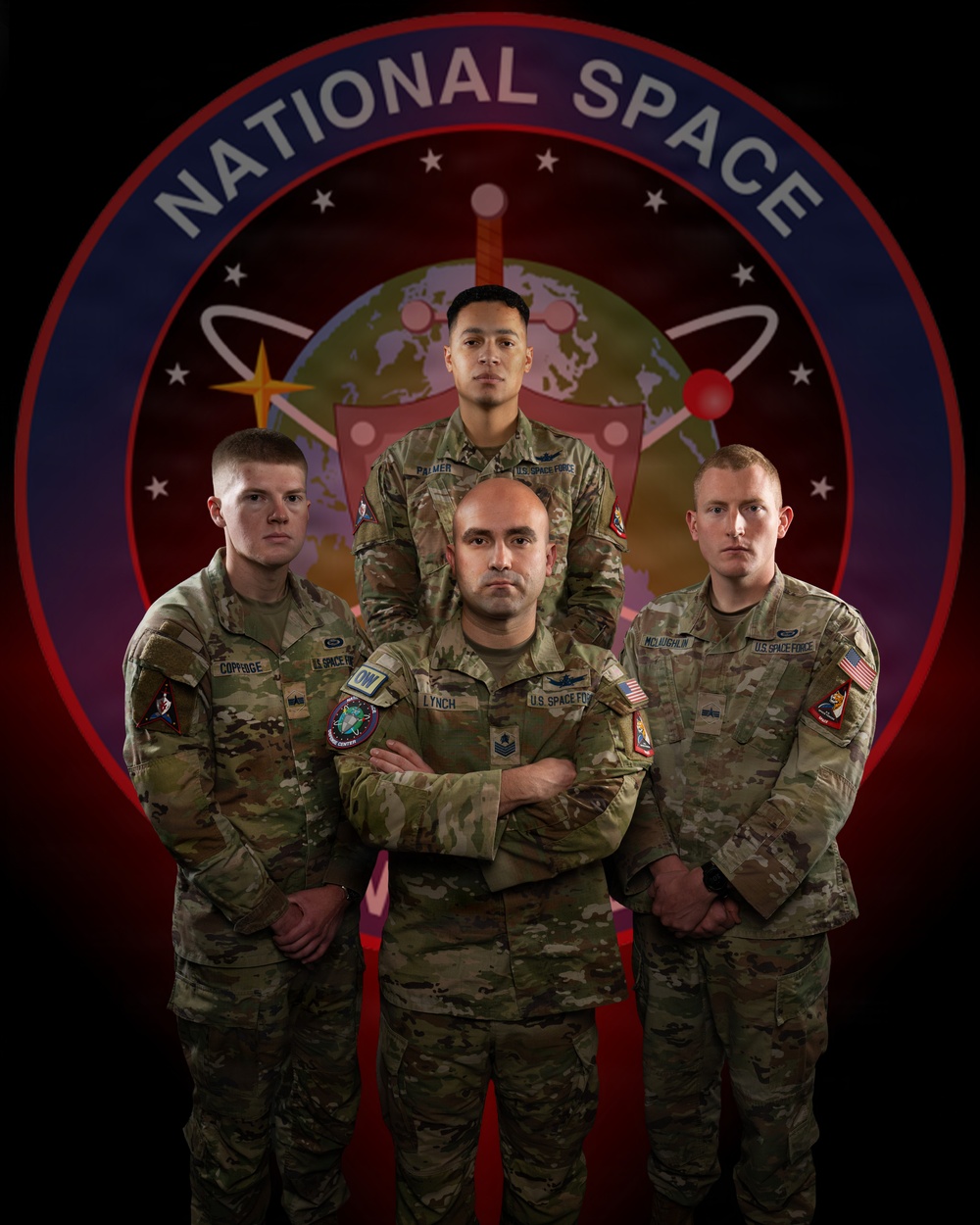 A formal portrait of four U.S. Space Force personnel posed in front of a 'National Space' emblem/seal backdrop. The individuals are wearing OCP (Operational Camouflage Pattern) uniforms with U.S. Space Force tape and unit patches visible. Name tapes readable include LYNCH (front center, arms crossed), COPPAGE (front left), MCLAUGHLIN (front right), and PALMER (rear center).