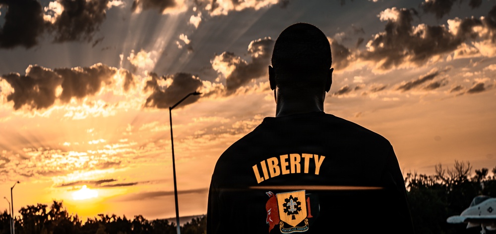 A silhouetted individual stands with their back to the camera, facing a dramatic sunset with rays of light breaking through clouds. The person is wearing a dark jacket with the word 'LIBERTY' and a crest/emblem on the back. The composition creates a powerful, contemplative mood with warm golden and orange tones dominating the sky.