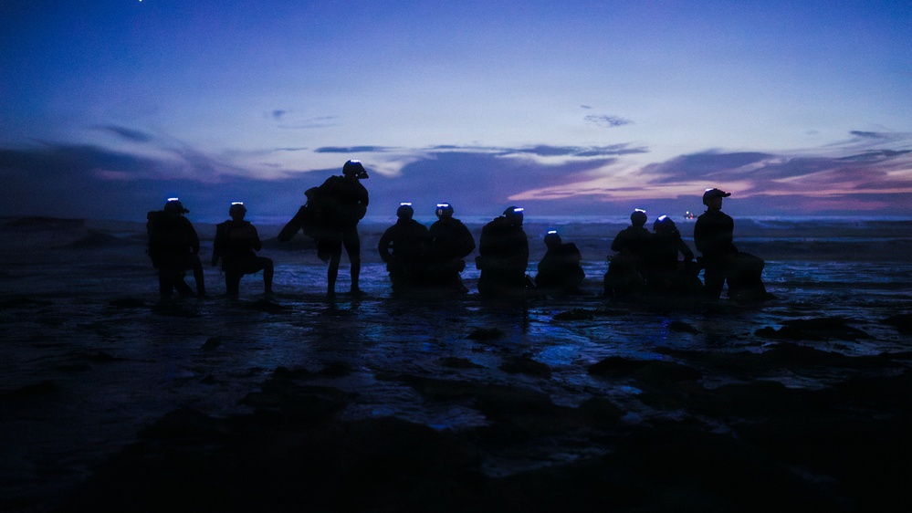 A group of approximately 10 individuals are silhouetted against a twilight sky at a beach or coastal location. Most individuals appear to be wearing helmets or headgear equipped with blue LED lights, suggesting a military, law enforcement, or specialized training context. The scene is captured during dusk or pre-dawn hours with a dramatic purple and blue sky backdrop.