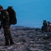 Military personnel are conducting operations on a beach at dusk or dawn in low-light conditions. The foreground soldier is using what appears to be a mine detector or probing rod while scanning the sandy terrain. Additional personnel are visible in the background, one appearing to use optics or binoculars.